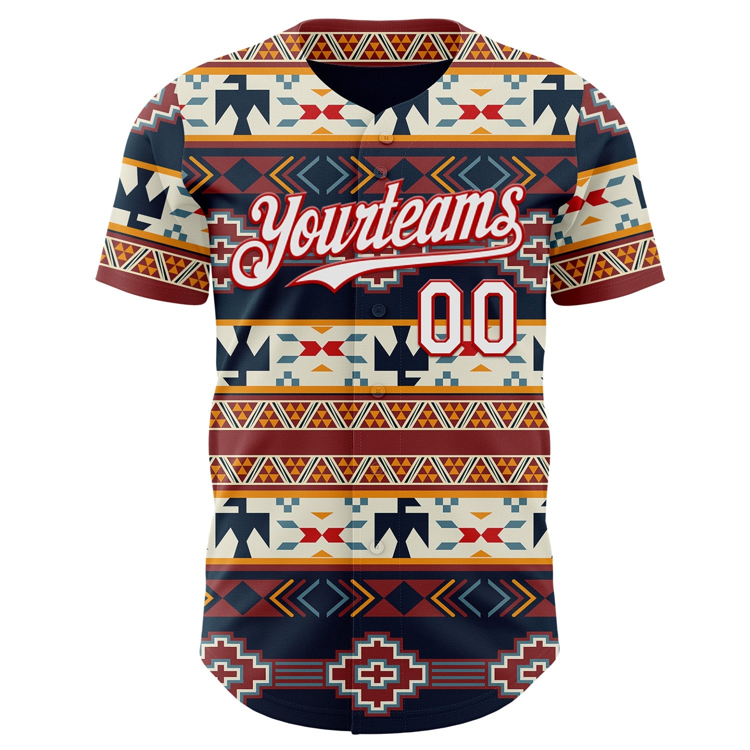 Custom Navy White Yellow-Red Burning Man Aztec Tribal Geometric Authentic Baseball Jersey view 2