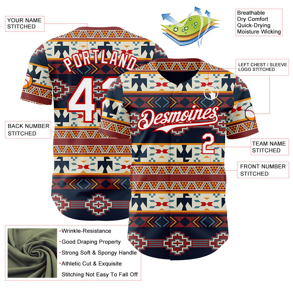 Custom Navy White Yellow-Red Burning Man Aztec Tribal Geometric Authentic Baseball Jersey view 3