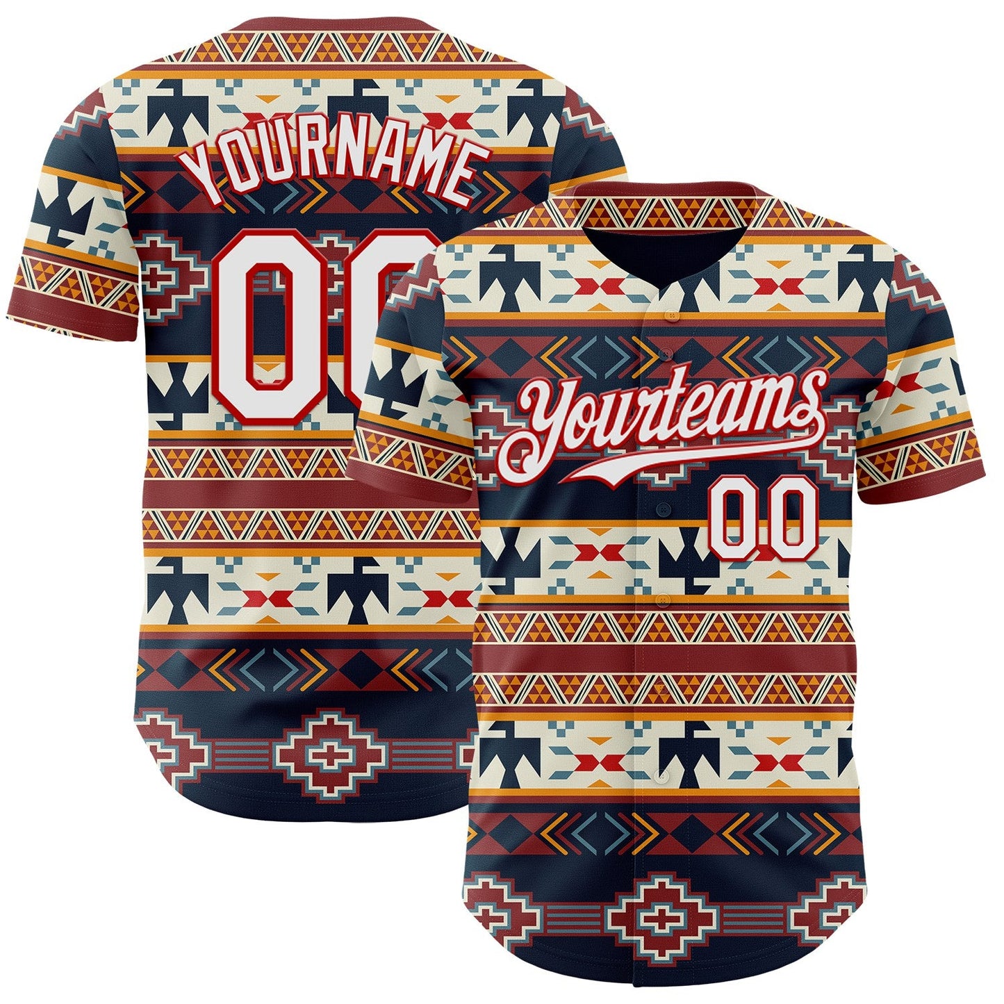 Custom Navy White Yellow-Red Burning Man Aztec Tribal Geometric Authentic Baseball Jersey - Main View