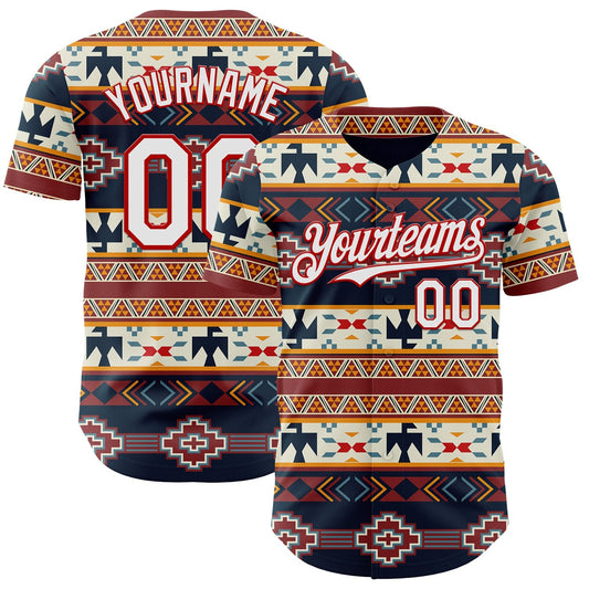 Custom Navy White Yellow-Red Burning Man Aztec Tribal Geometric Authentic Baseball Jersey - Main View