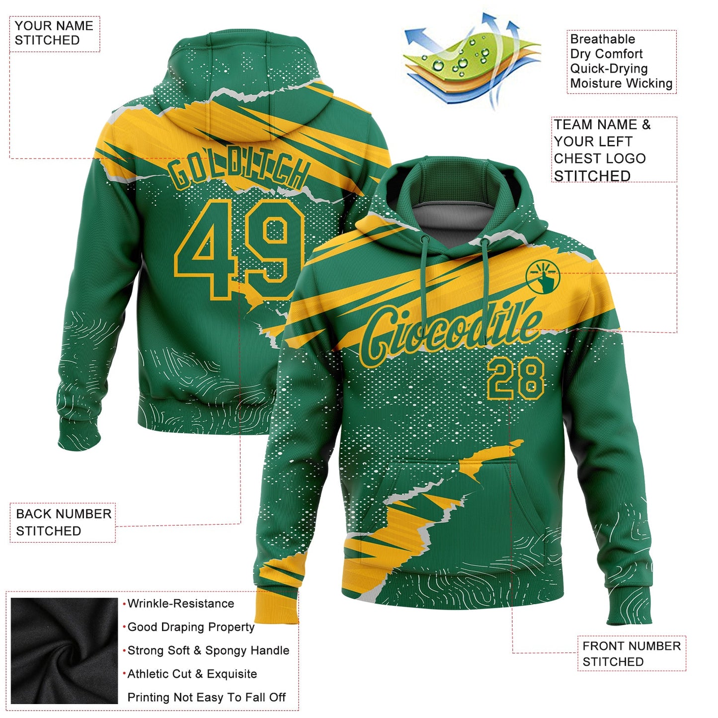Custom Stitched Kelly Green Gold 3D Pattern Design Torn Paper Style Sports Pullover Sweatshirt Hoodie view 2