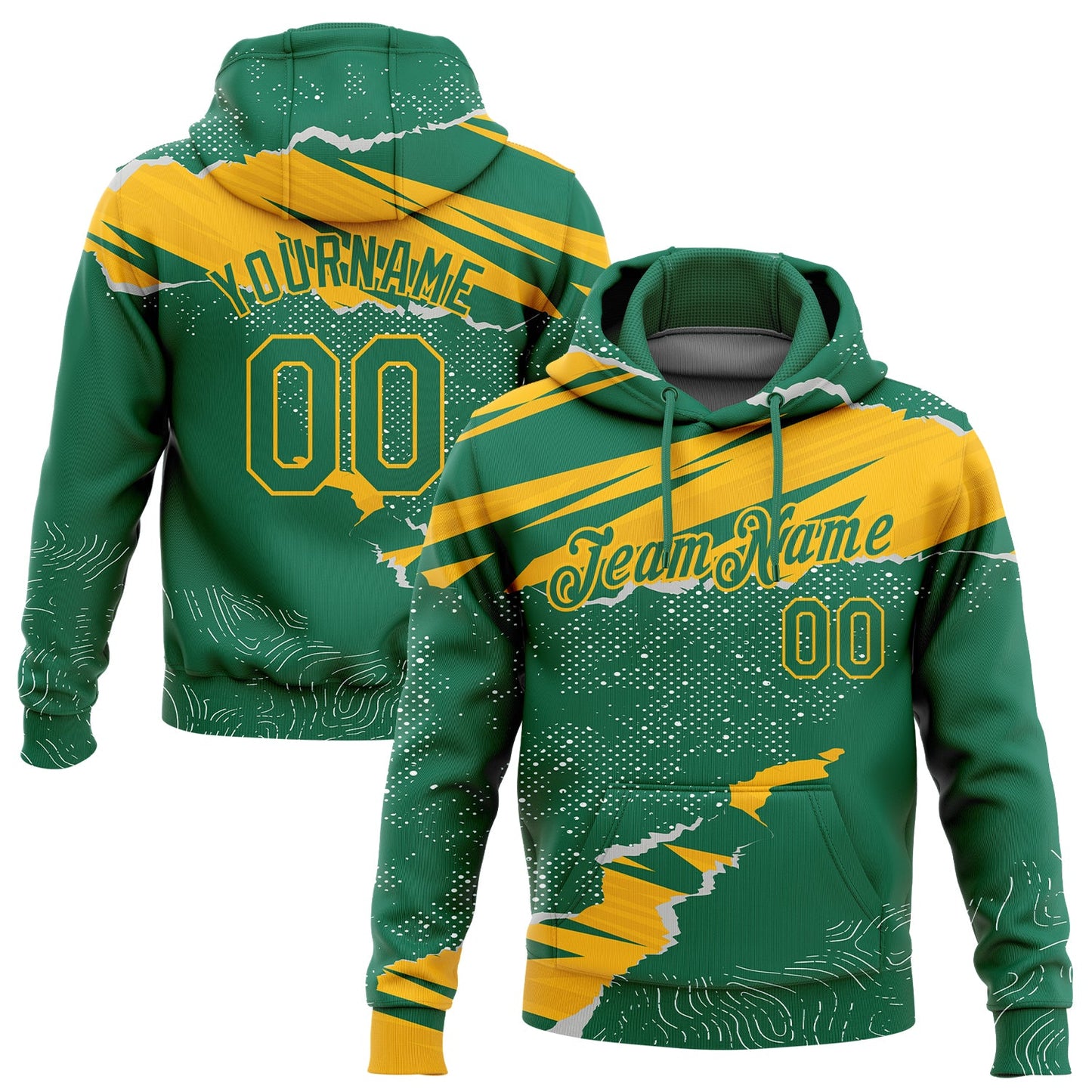 Custom Stitched Kelly Green Gold 3D Pattern Design Torn Paper Style Sports Pullover Sweatshirt Hoodie - Main View
