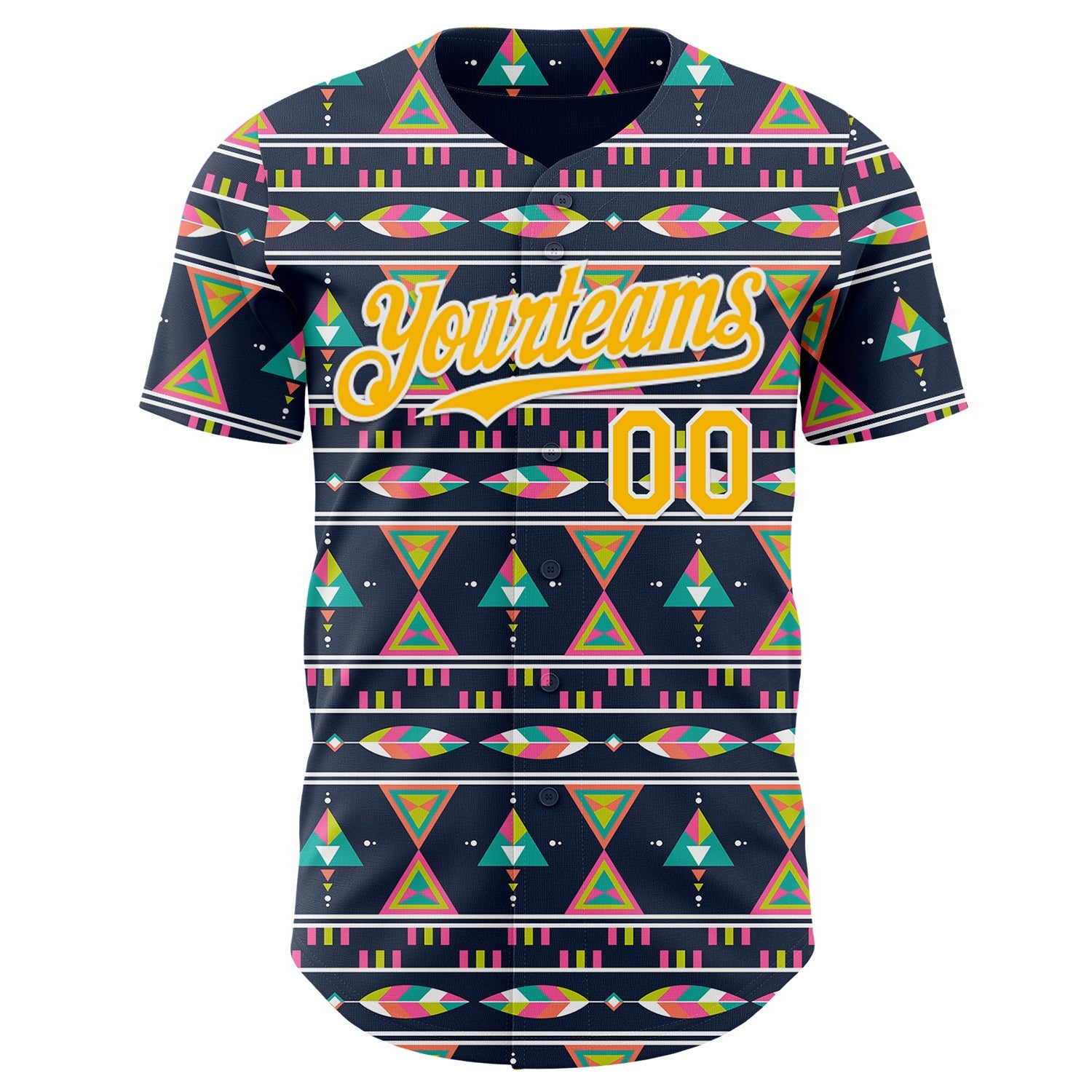 Custom Navy Gold Pink Green-White Boho Style Geometri Tribal Authentic Baseball Jersey view 2