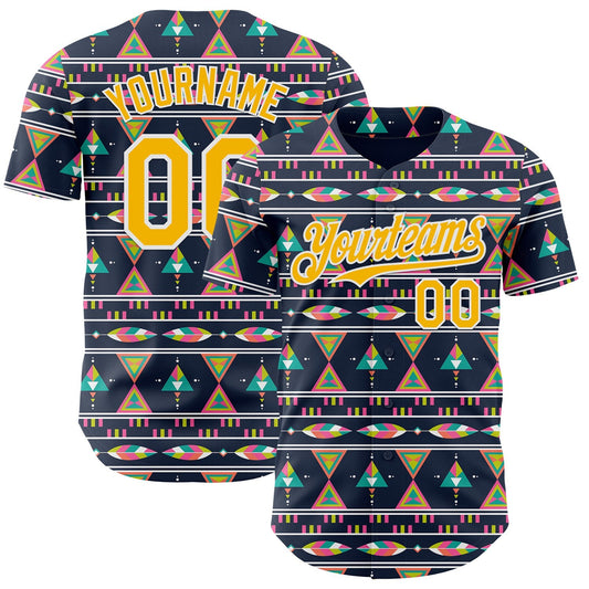 Custom Navy Gold Pink Green-White Boho Style Geometri Tribal Authentic Baseball Jersey - Main View