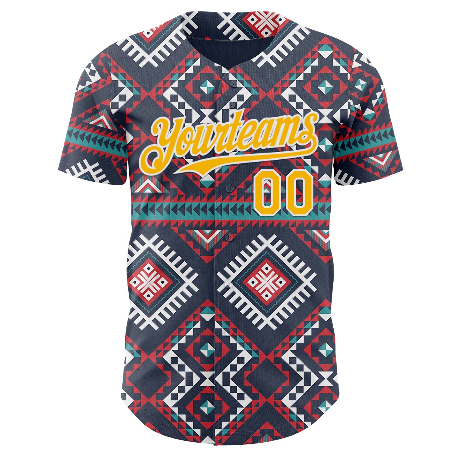 Custom Navy Gold Red Green-White Burning Man Aztec Tribal Geometric Authentic Baseball Jersey view 2