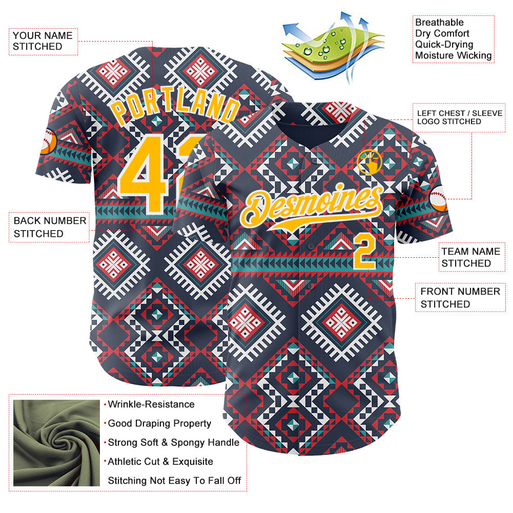 Custom Navy Gold Red Green-White Burning Man Aztec Tribal Geometric Authentic Baseball Jersey view 3