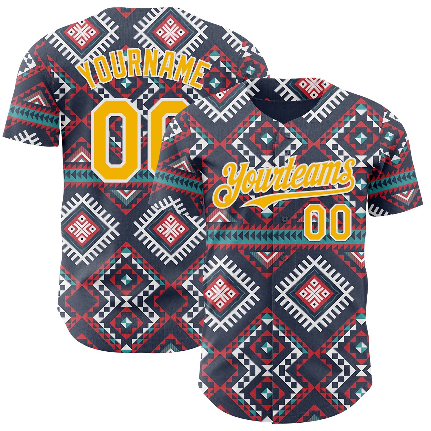 Custom Navy Gold Red Green-White Burning Man Aztec Tribal Geometric Authentic Baseball Jersey - Main View