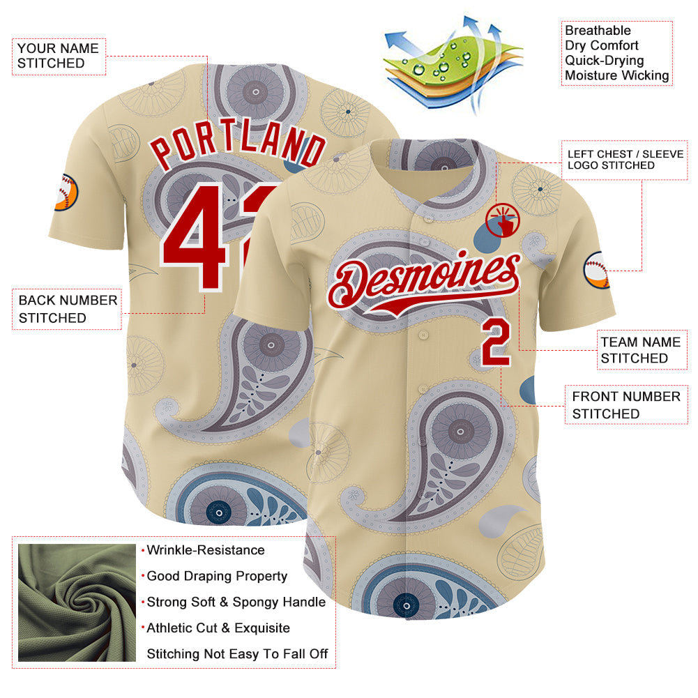 Custom Cream Red Gray-White Burning Man Paisley Bandana Rave Authentic Baseball Jersey view 3
