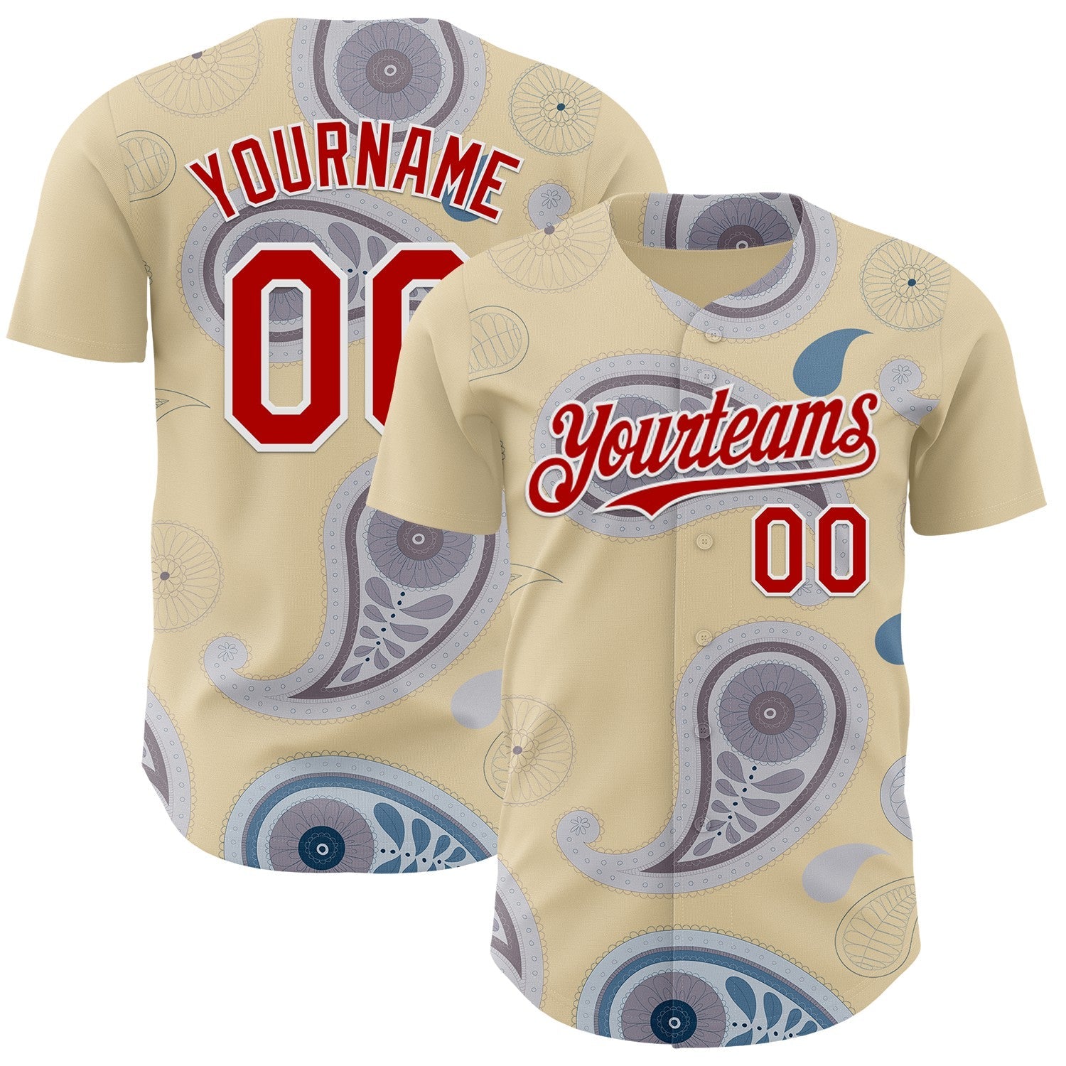 Custom Cream Red Gray-White Burning Man Paisley Bandana Rave Authentic Baseball Jersey - Main View