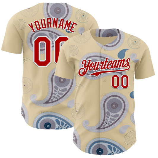 Custom Cream Red Gray-White Burning Man Paisley Bandana Rave Authentic Baseball Jersey - Main View