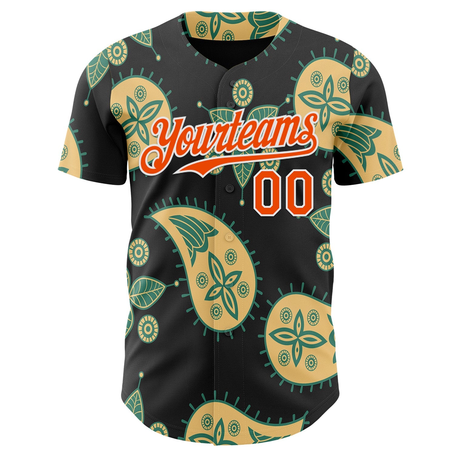 Custom Black Orange Yellow Green-White Burning Man Paisley Bandana Rave Authentic Baseball Jersey view 2
