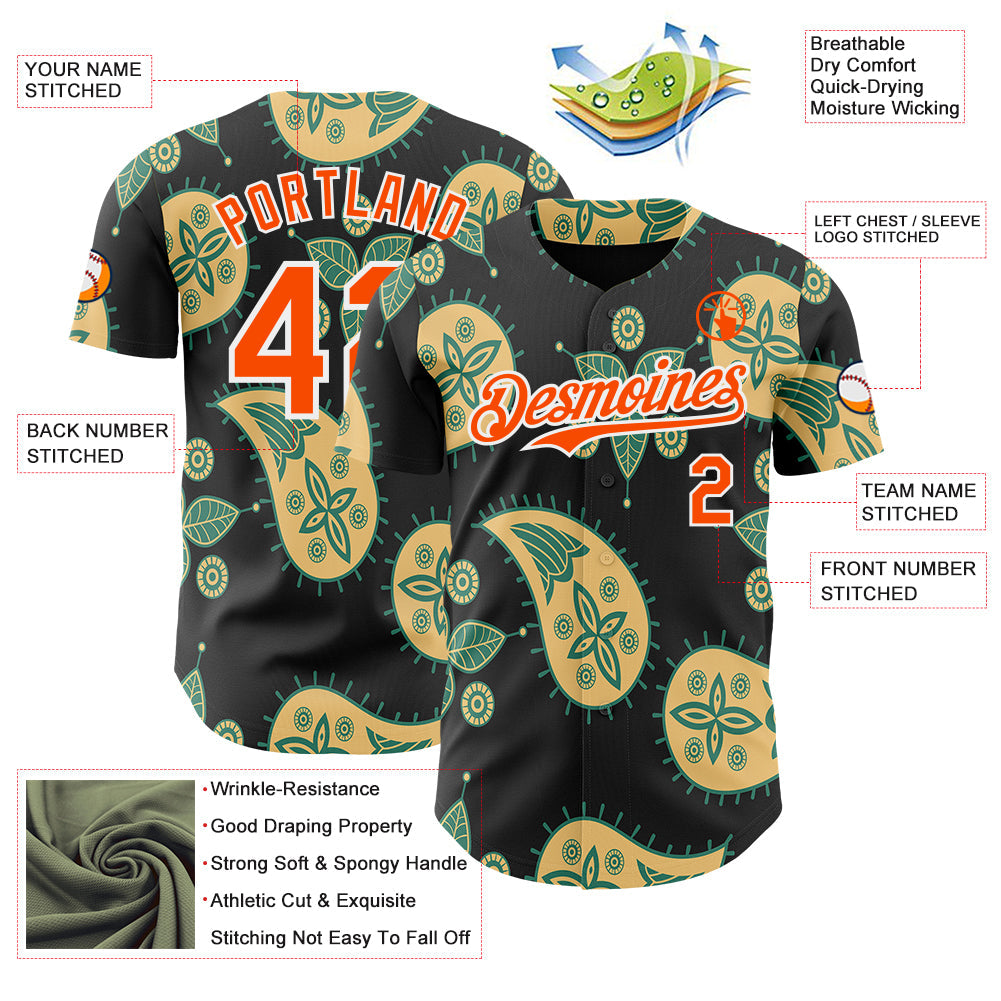 Custom Black Orange Yellow Green-White Burning Man Paisley Bandana Rave Authentic Baseball Jersey view 3