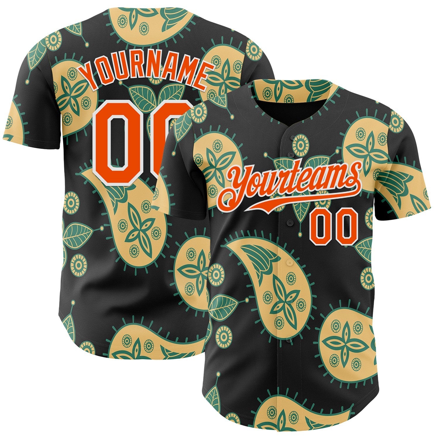 Custom Black Orange Yellow Green-White Burning Man Paisley Bandana Rave Authentic Baseball Jersey - Main View