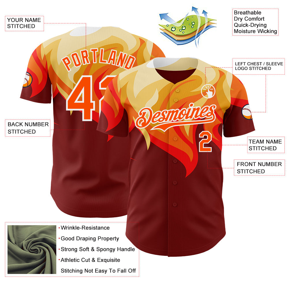 Custom Red Orange Yellow-White Burning Man Fire Desert Authentic Baseball Jersey view 3