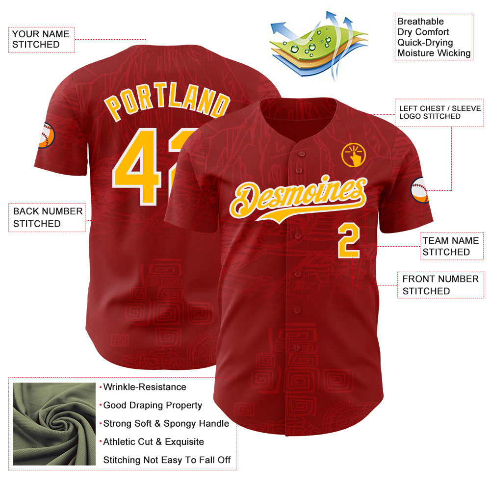 Custom Red Gold-White Burning Man Aztec Tribal Authentic Baseball Jersey view 3