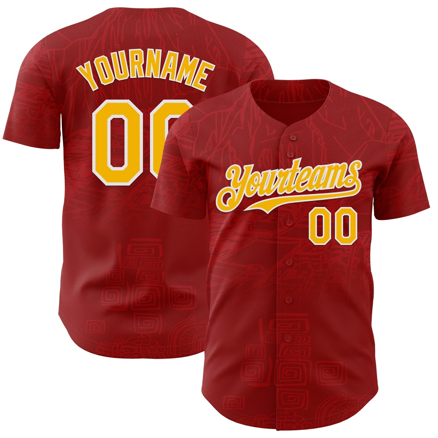 Custom Red Gold-White Burning Man Aztec Tribal Authentic Baseball Jersey - Main View