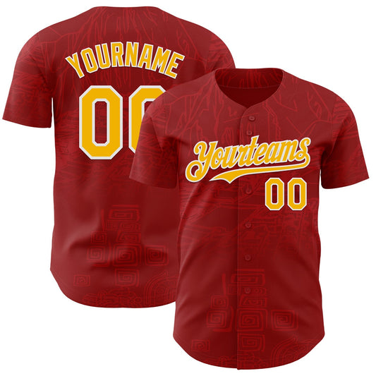 Custom Red Gold-White Burning Man Aztec Tribal Authentic Baseball Jersey - Main View