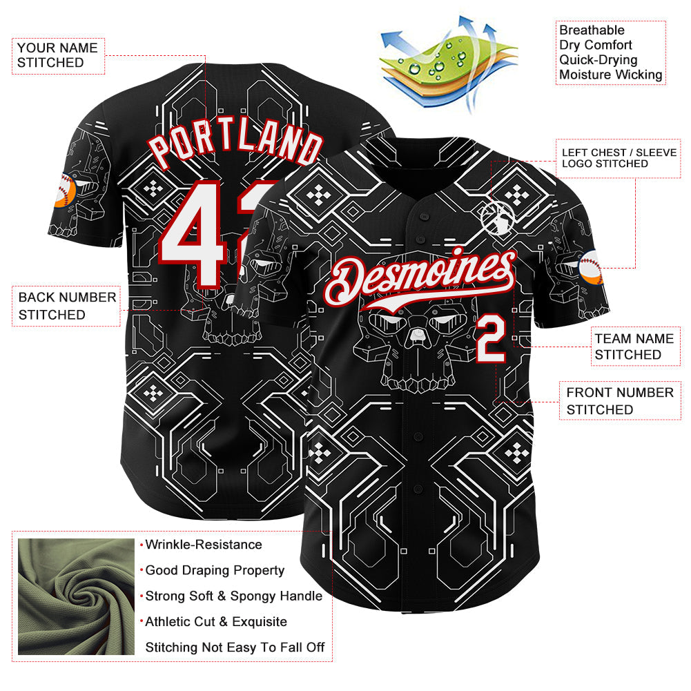 Custom Black White-Red Cyberpunk Futuristic Rave Authentic Baseball Jersey view 3