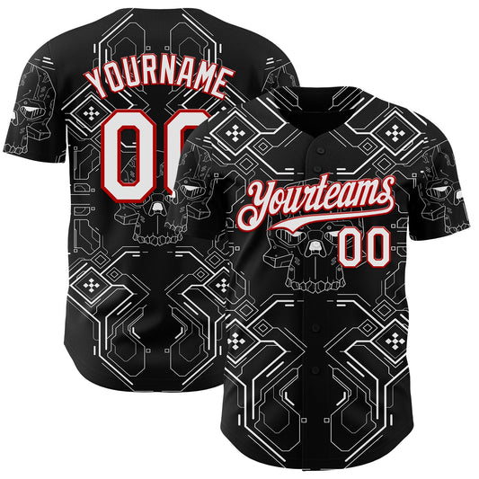 Custom Black White-Red Cyberpunk Futuristic Rave Authentic Baseball Jersey - Main View