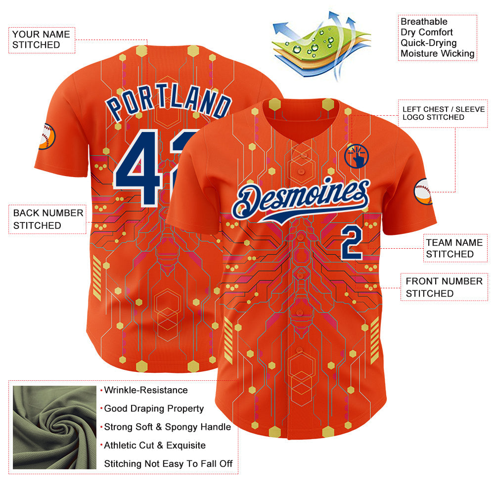 Custom Orange US Navy Blue Gold-White Cyberpunk Futuristic Rave Authentic Baseball Jersey view 3
