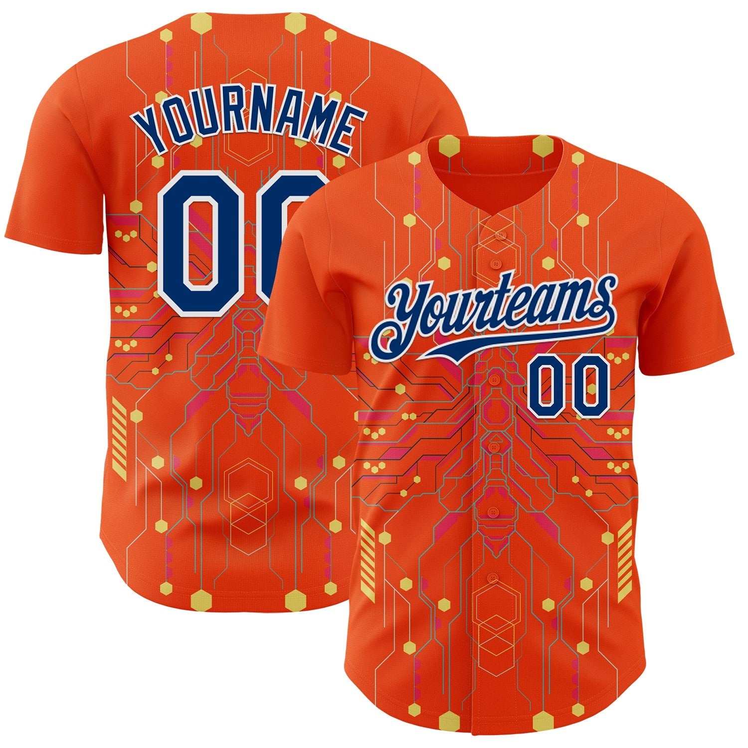 Custom Orange US Navy Blue Gold-White Cyberpunk Futuristic Rave Authentic Baseball Jersey - Main View