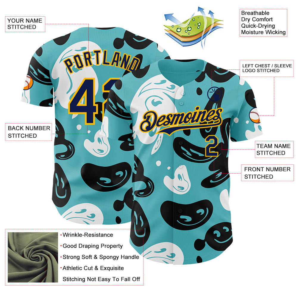 Custom Blue Navy-Gold Trippy Psychedelic Cartoon Rave Authentic Baseball Jersey view 3