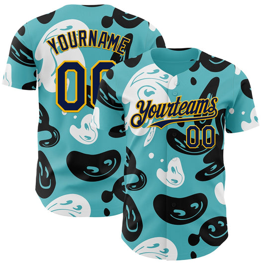 Custom Blue Navy-Gold Trippy Psychedelic Cartoon Rave Authentic Baseball Jersey - Main View