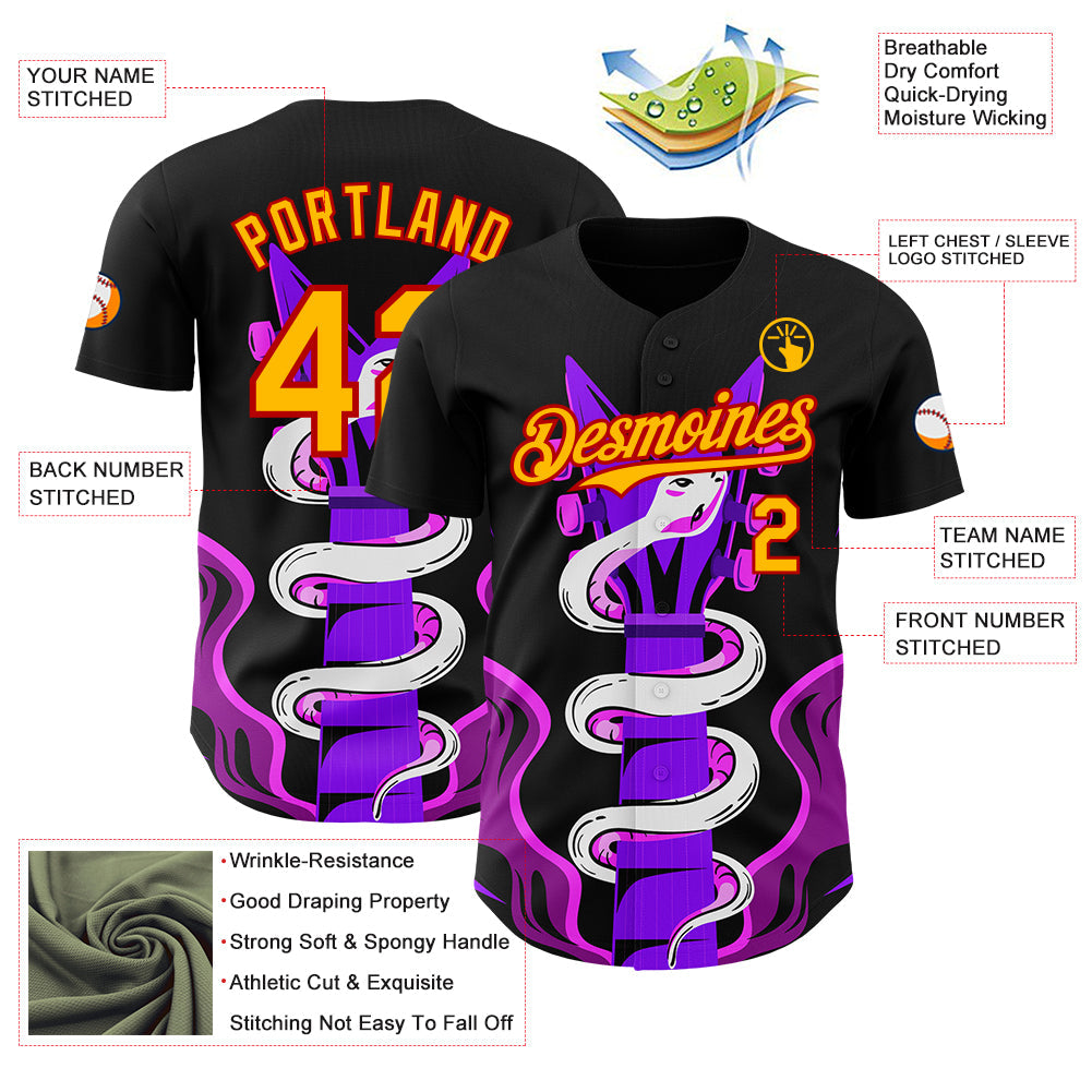 Custom Black Gold Purple Pink-Red Psychedelic Music Festival Rave Authentic Baseball Jersey view 3