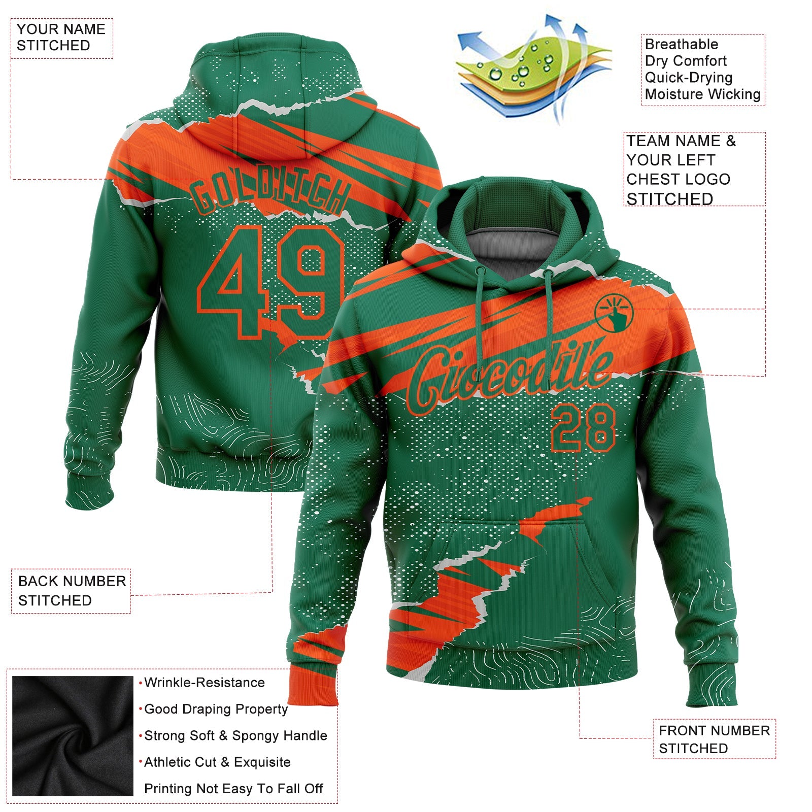 Custom Stitched Kelly Green Orange 3D Pattern Design Torn Paper Style Sports Pullover Sweatshirt Hoodie view 2