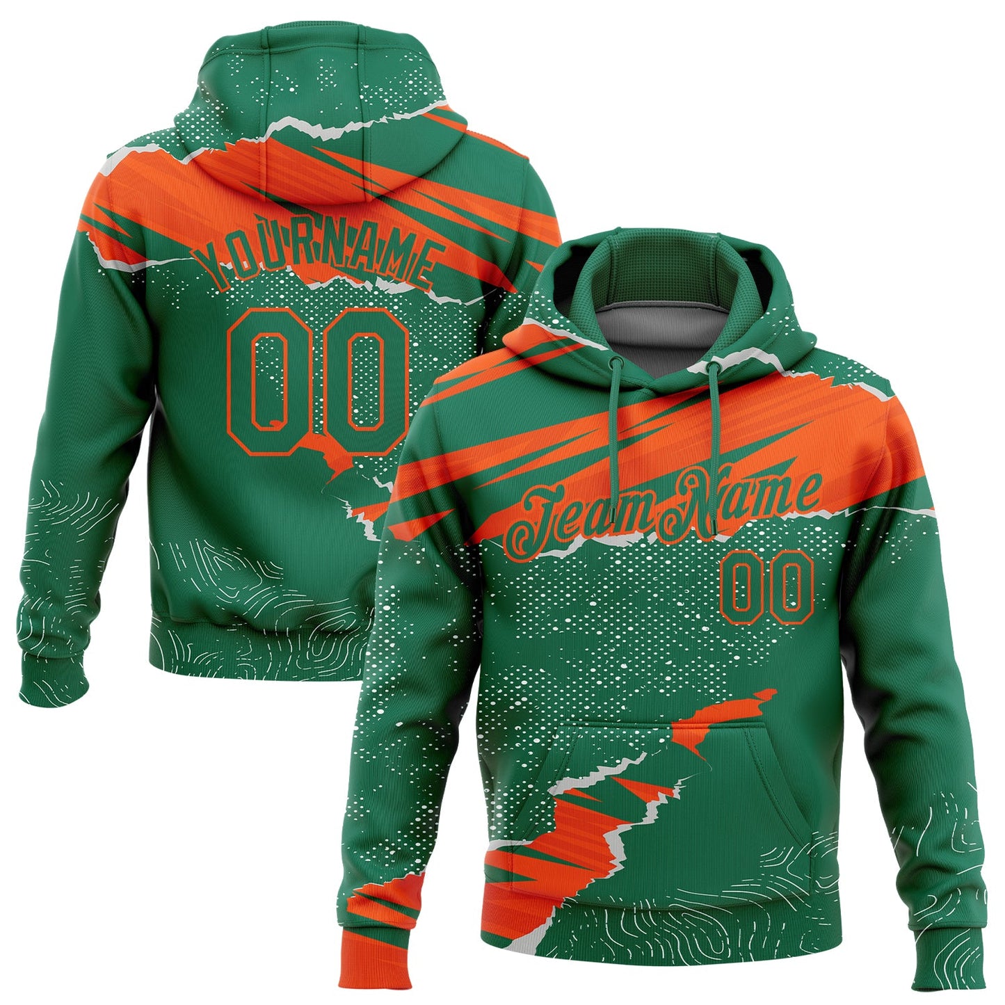 Custom Stitched Kelly Green Orange 3D Pattern Design Torn Paper Style Sports Pullover Sweatshirt Hoodie - Main View