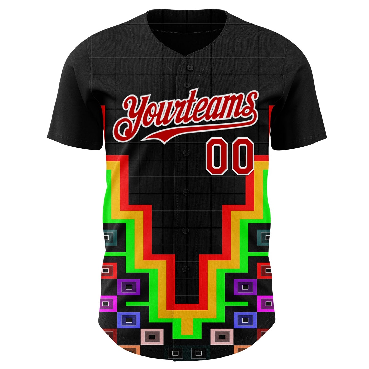 Custom Black Red-White Vaporwave Pixel Geometric Authentic Baseball Jersey view 2