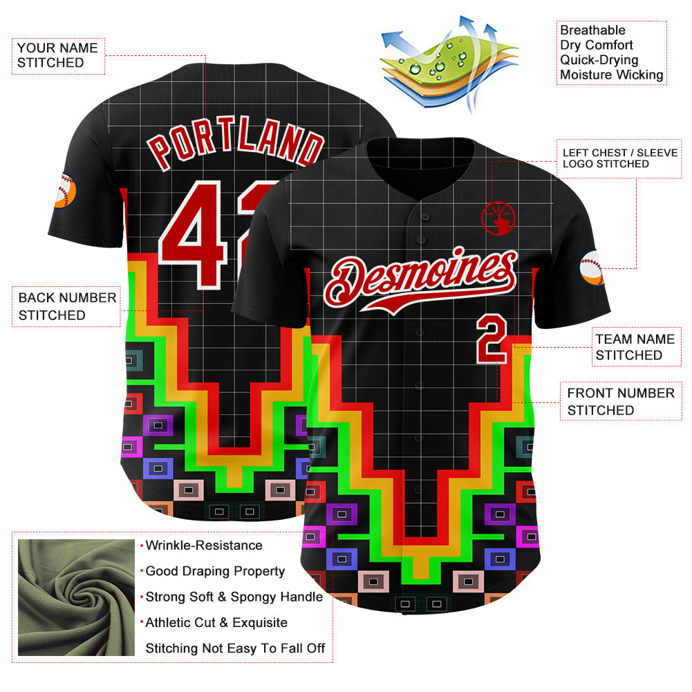 Custom Black Red-White Vaporwave Pixel Geometric Authentic Baseball Jersey view 3
