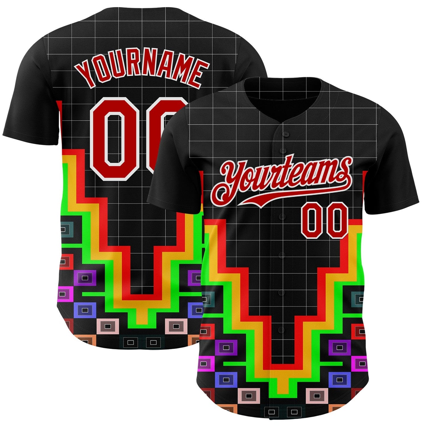 Custom Black Red-White Vaporwave Pixel Geometric Authentic Baseball Jersey - Main View