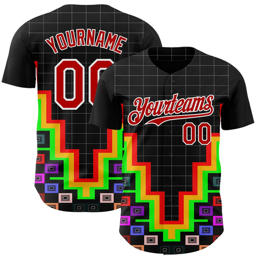 Custom Black Red-White Vaporwave Pixel Geometric Authentic Baseball Jersey - Main View