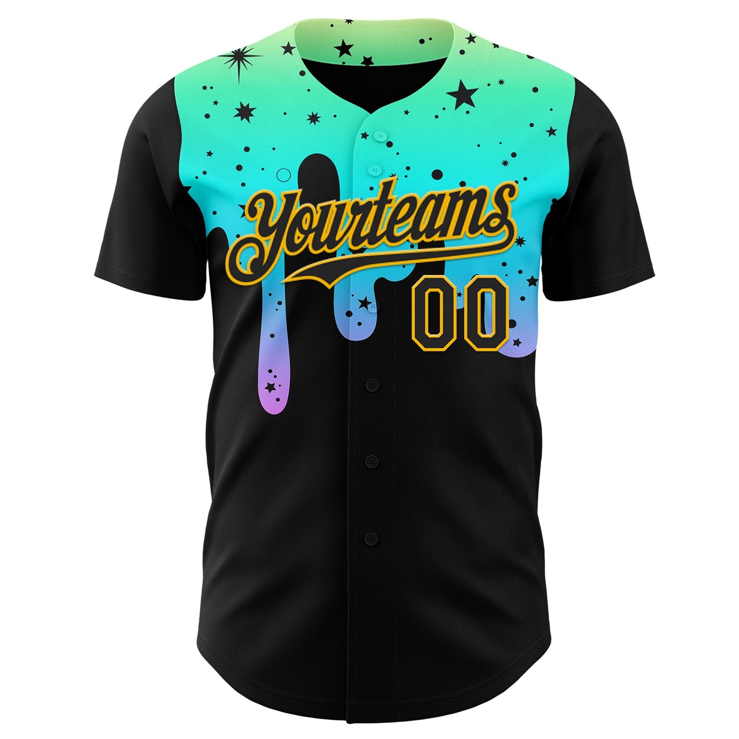 Custom Black Green-Gold Psychedelic Starry Melting Dripping Authentic Baseball Jersey view 2