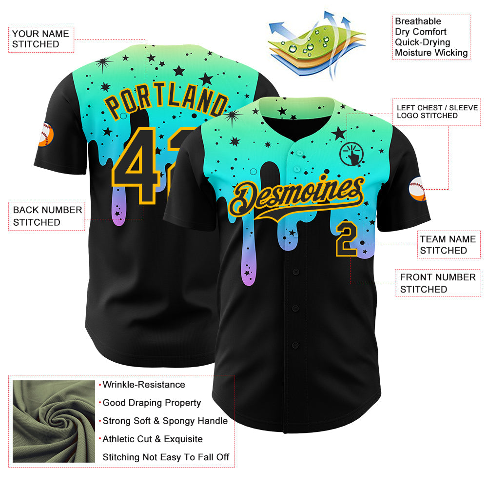 Custom Black Green-Gold Psychedelic Starry Melting Dripping Authentic Baseball Jersey view 3