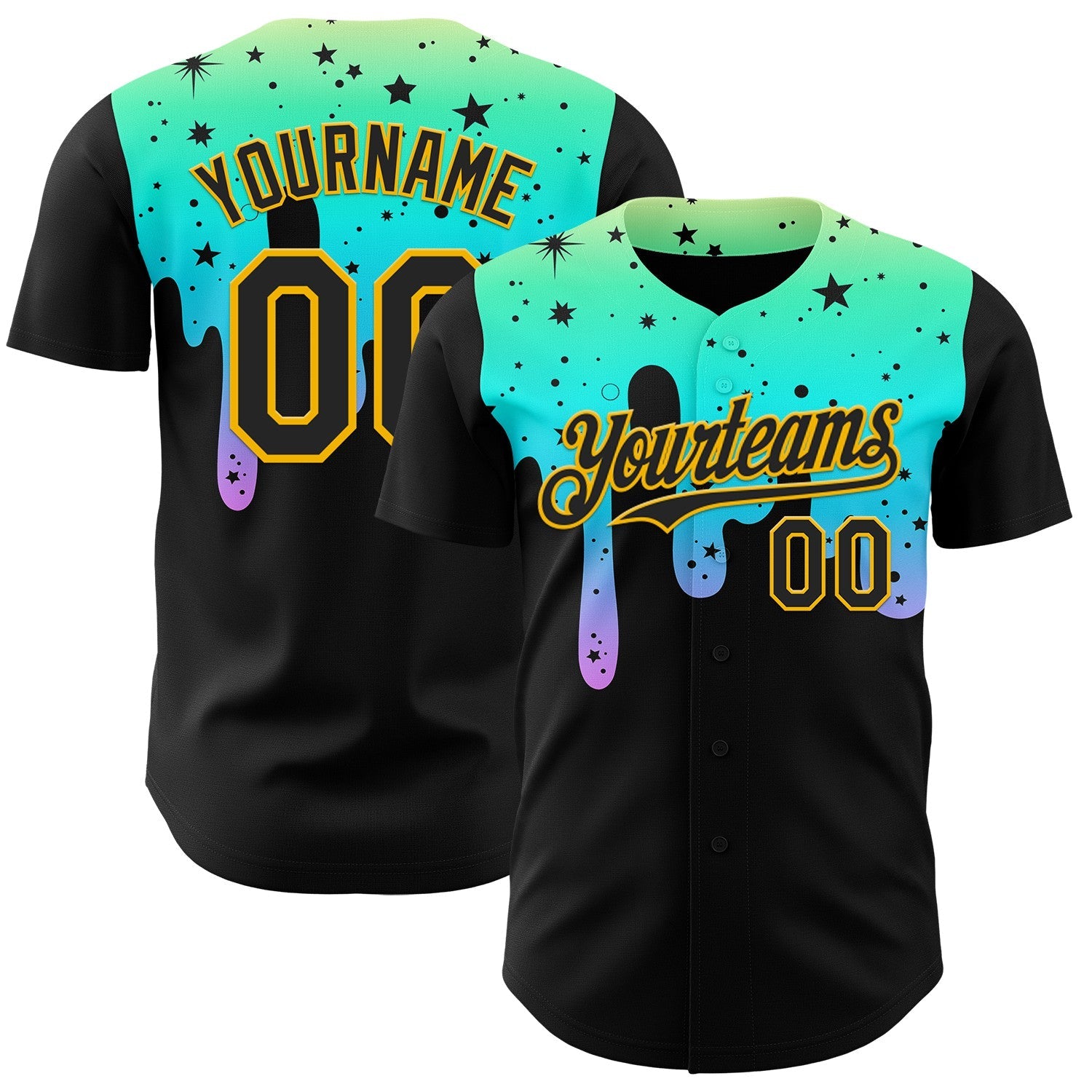 Custom Black Green-Gold Psychedelic Starry Melting Dripping Authentic Baseball Jersey - Main View