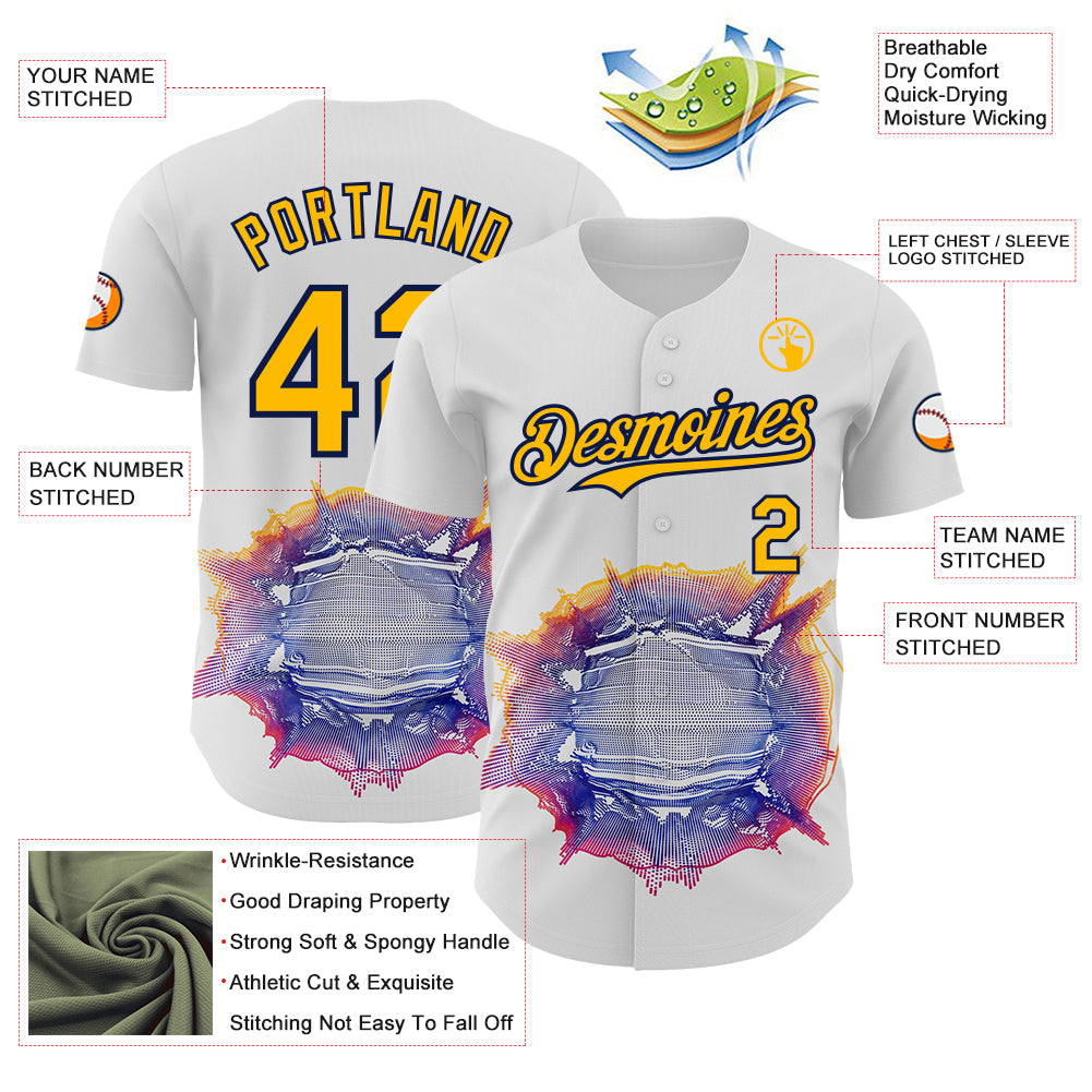 Custom White Gold-Navy Burning Man Music Wave Authentic Baseball Jersey view 3