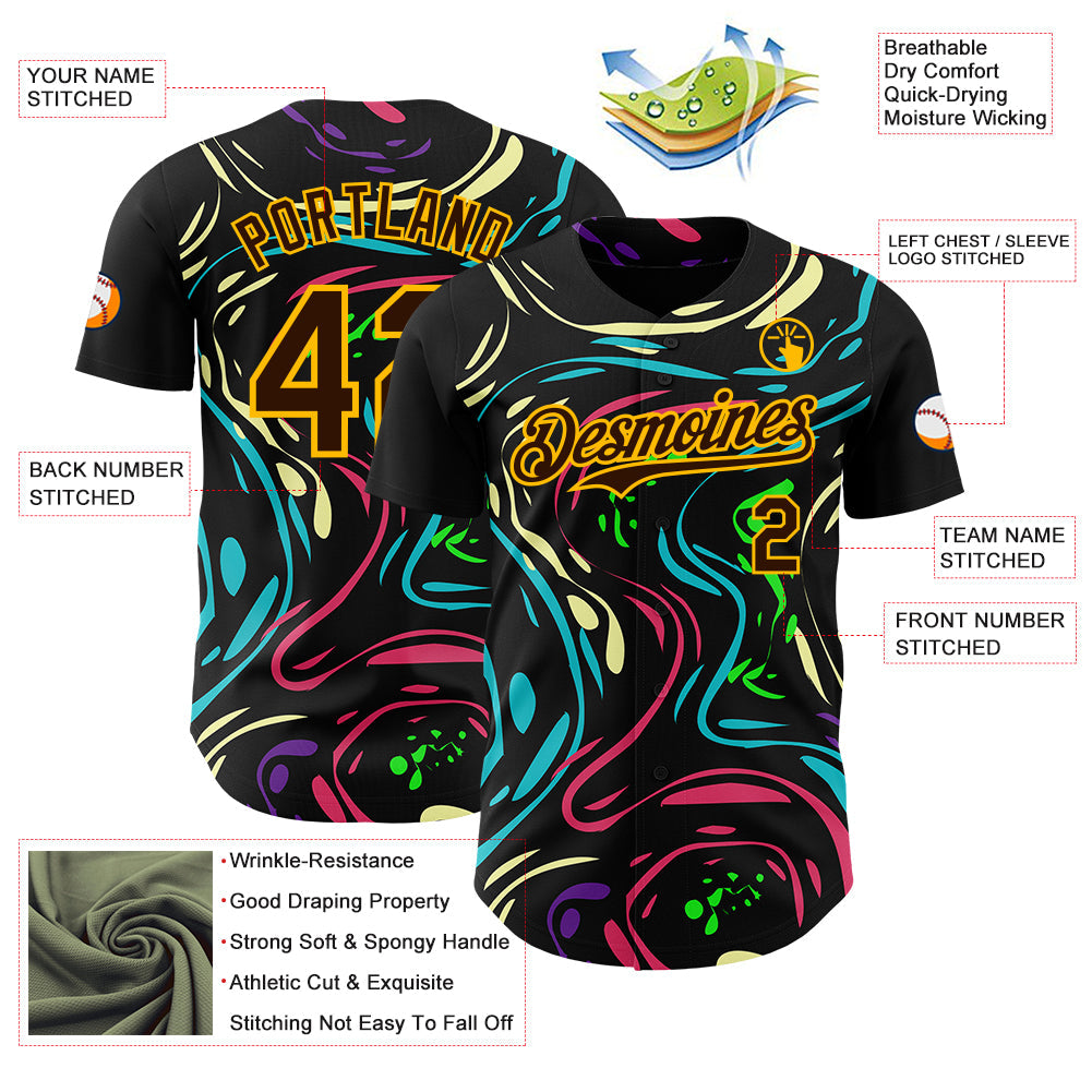 Custom Black Brown-Gold Burning Man Trippy Fluid Liquid Authentic Baseball Jersey view 3