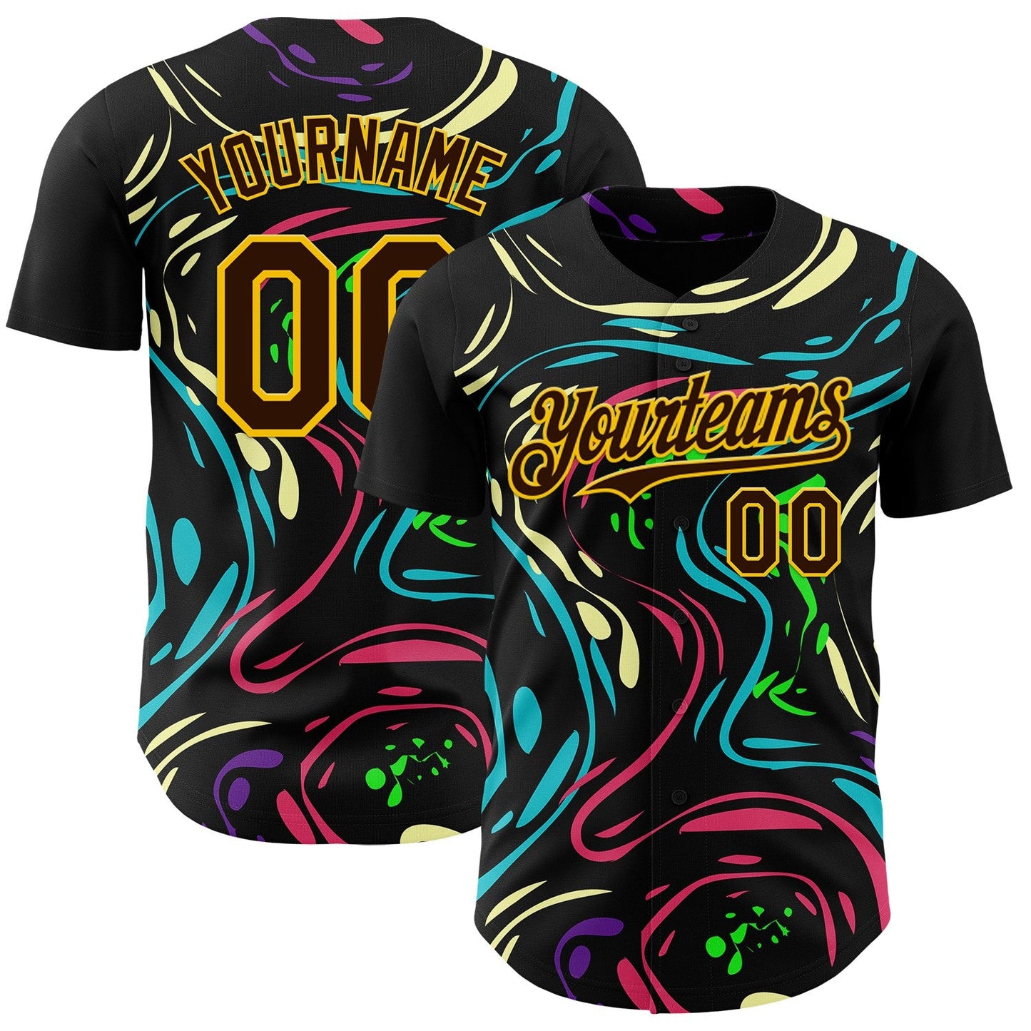 Custom Black Brown-Gold Burning Man Trippy Fluid Liquid Authentic Baseball Jersey - Main View