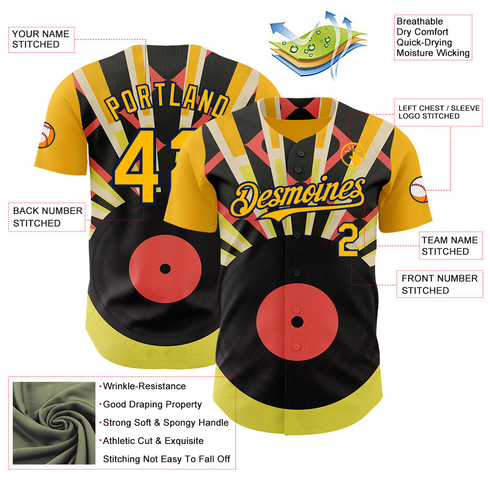 Custom Gold-Navy Burning Man Music Record Authentic Baseball Jersey view 3