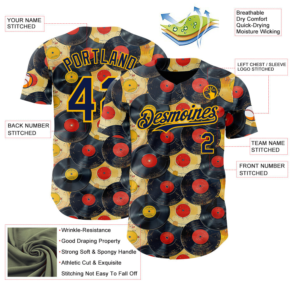 Custom Black Navy-Gold Burning Man Music Record Authentic Baseball Jersey view 3