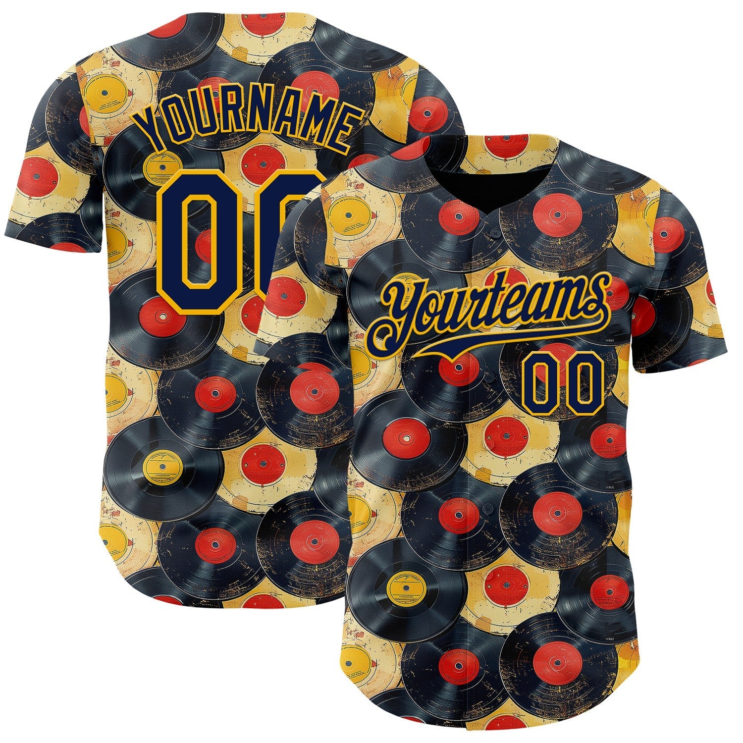 Custom Black Navy-Gold Burning Man Music Record Authentic Baseball Jersey - Main View
