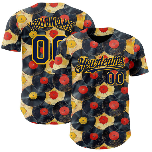 Custom Black Navy-Gold Burning Man Music Record Authentic Baseball Jersey - Main View