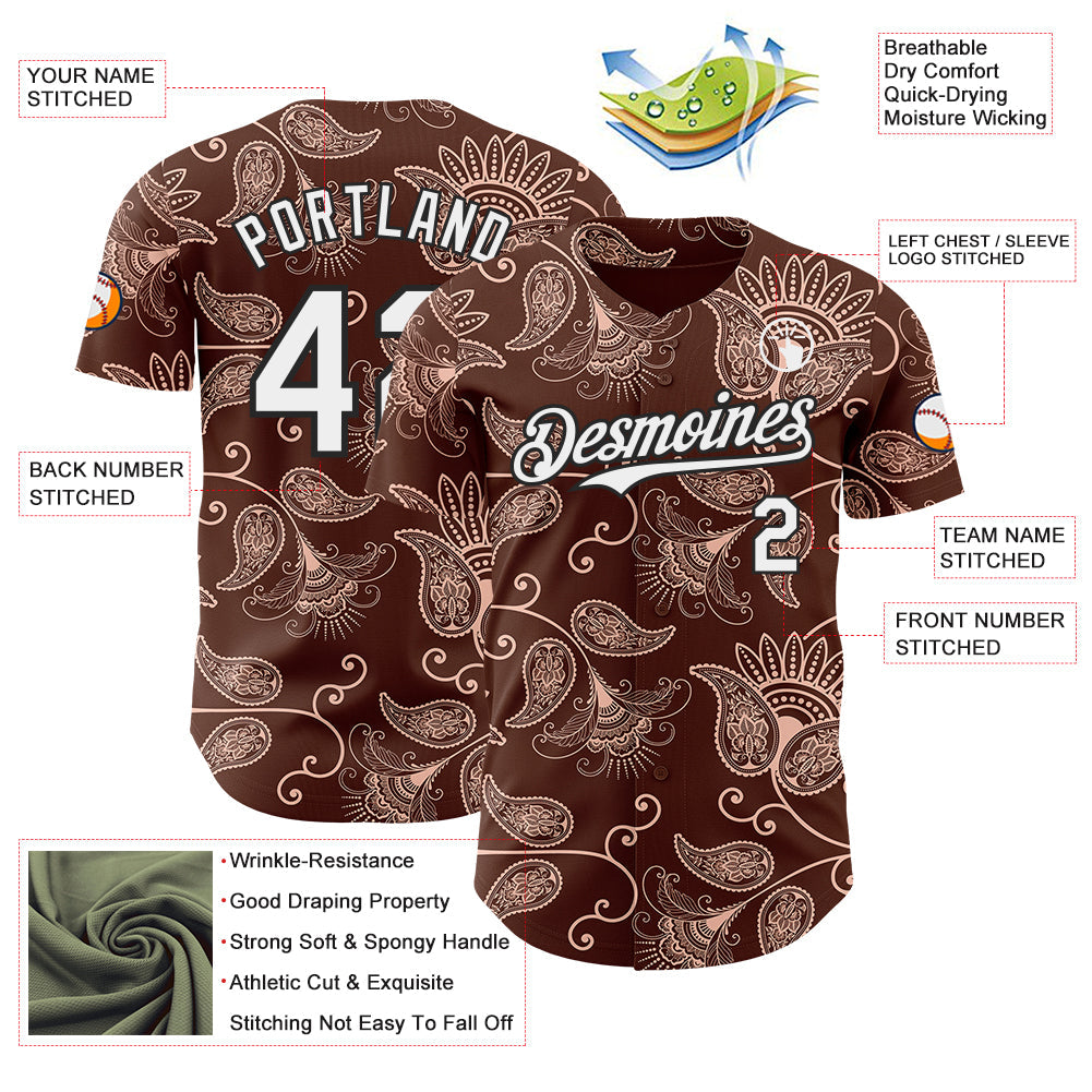 Custom Brown White-Black Burning Man Paisley Bandana Rave Authentic Baseball Jersey view 3