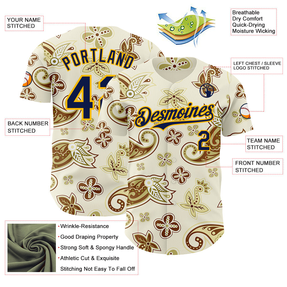 Custom White Navy-Gold Burning Man Boho Paisley Bandana Rave Authentic Baseball Jersey view 3