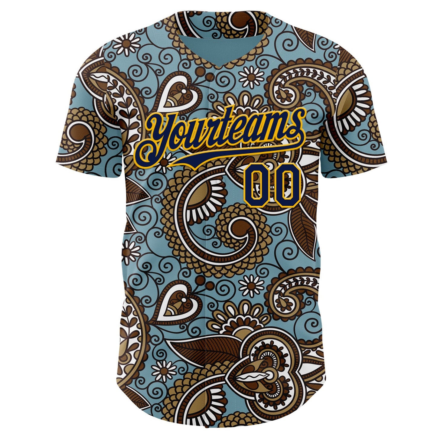 Custom Blue Navy-Gold Burning Man Paisley Bandana Rave Authentic Baseball Jersey view 2