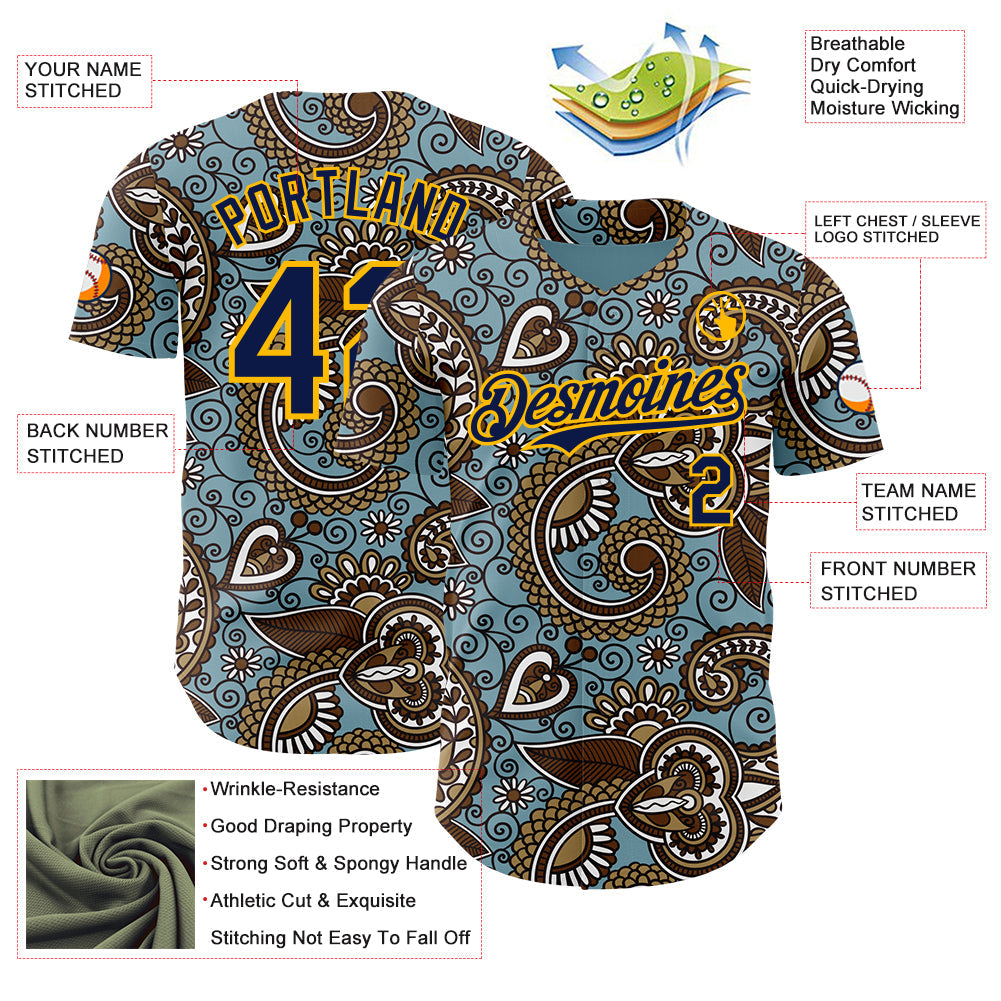 Custom Blue Navy-Gold Burning Man Paisley Bandana Rave Authentic Baseball Jersey view 3