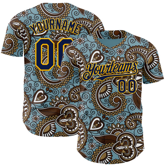 Custom Blue Navy-Gold Burning Man Paisley Bandana Rave Authentic Baseball Jersey - Main View