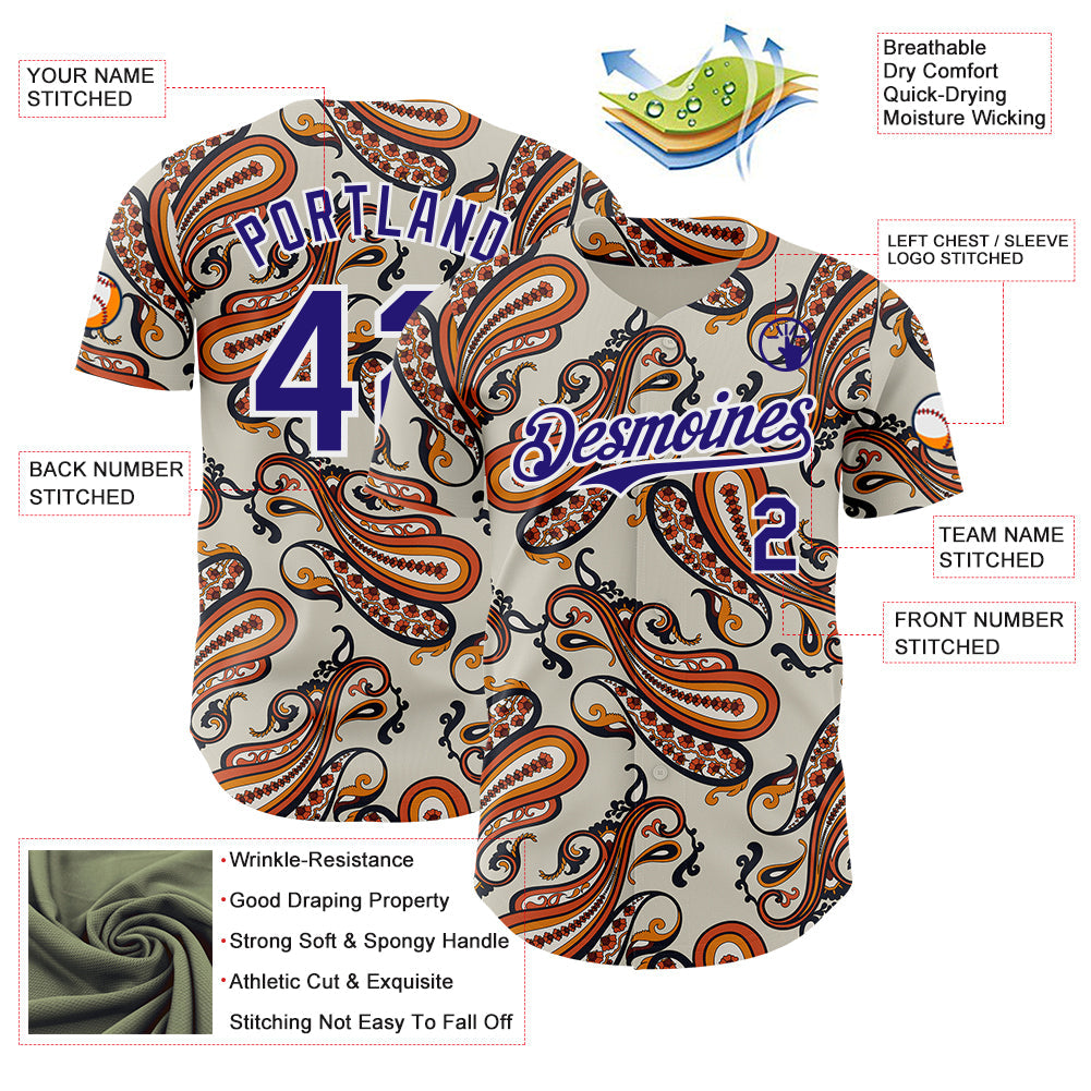 Custom White-Dark Purple Burning Man Paisley Bandana Rave Authentic Baseball Jersey view 3